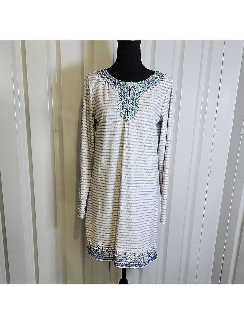 Cabana Life White Blue Stripes Embroidered Long Sleeve Dress Size Small UPF50+